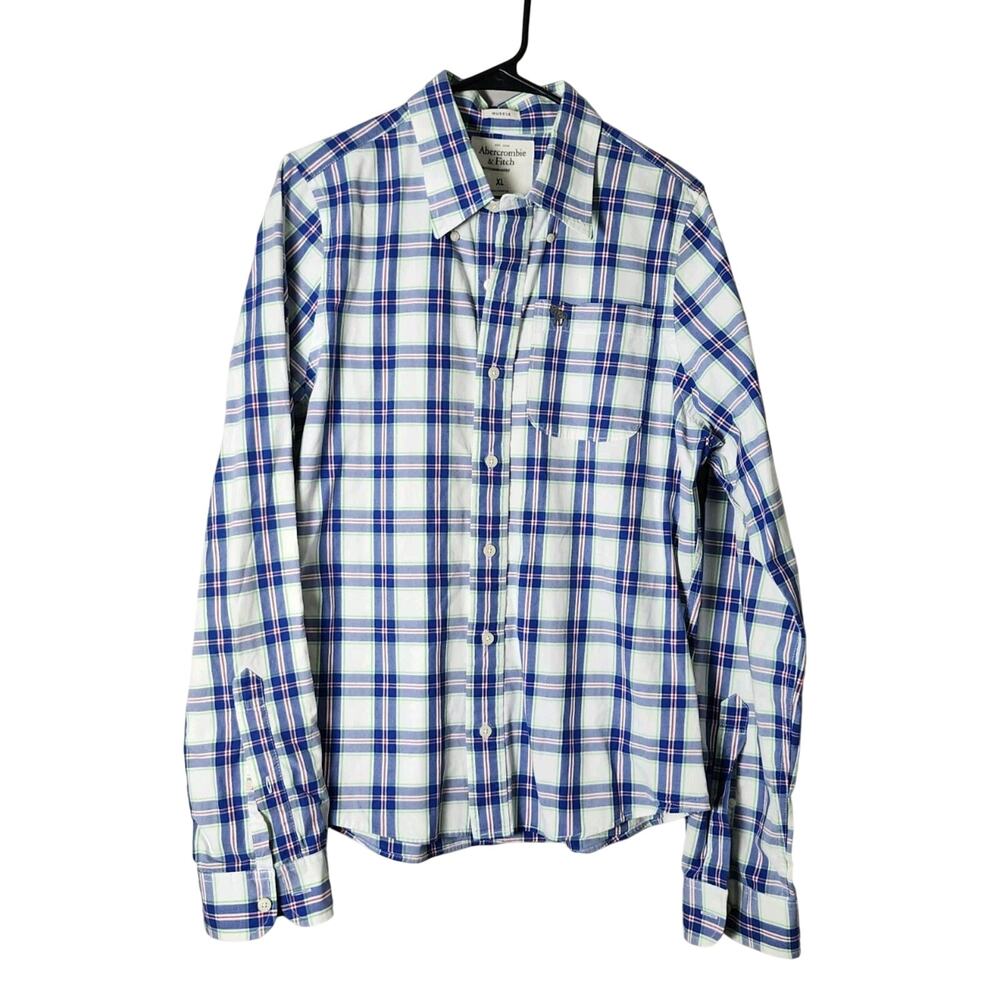 Abercrombie Fitch Muscle Shirt Size XL Blue Plaid Button Up Long Sleeve